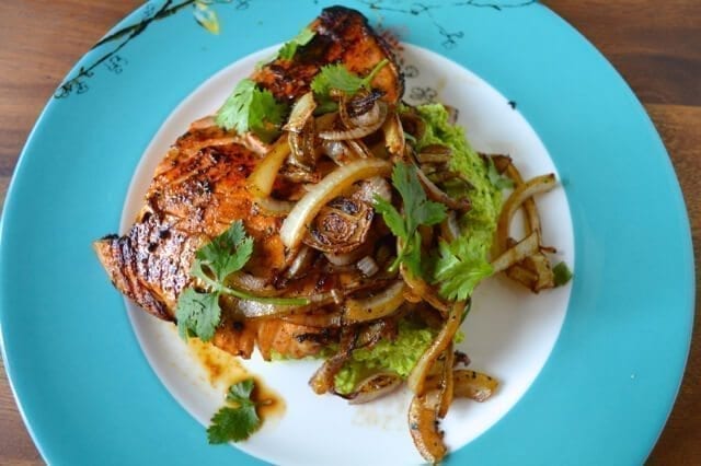 Seared Asian Salmon with Caramelized Onions and Lemon-Cilantro Edamame Puree