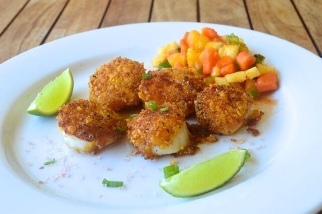 Tortilla-Crusted Scallops with Tropical Fruit Salsa