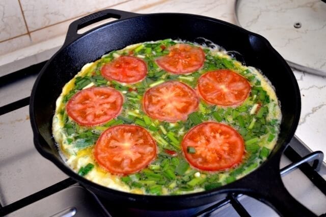 Chinese Chive Frittata with Tomatoes by thewoksoflife.com