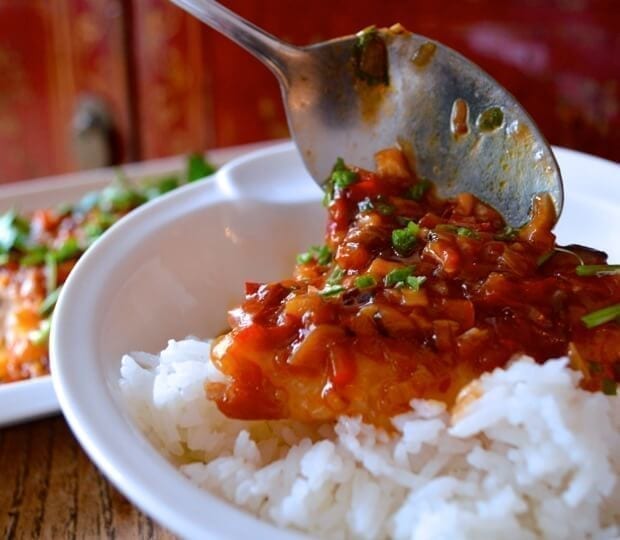 Steamed Fish w/ Spicy Bean Sauce (Douban Yu) by thewoksoflife.com