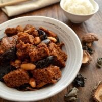 Hong Shao Kao Fu - Braised Wheat Gluten with Mushrooms, by thewoksoflife.com