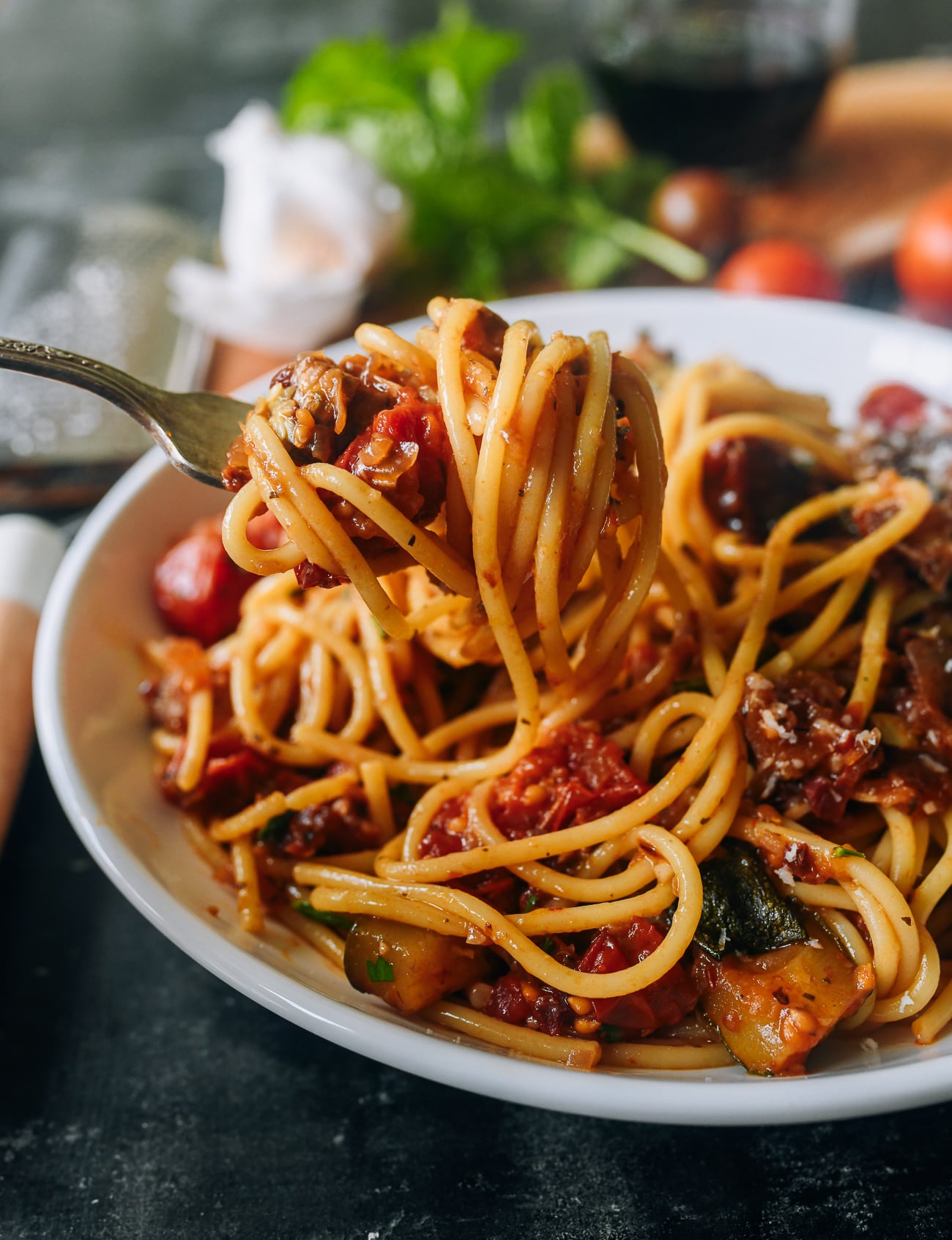 Forkful of ratatouille pasta