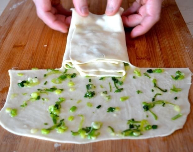 layering scallion pancake dough