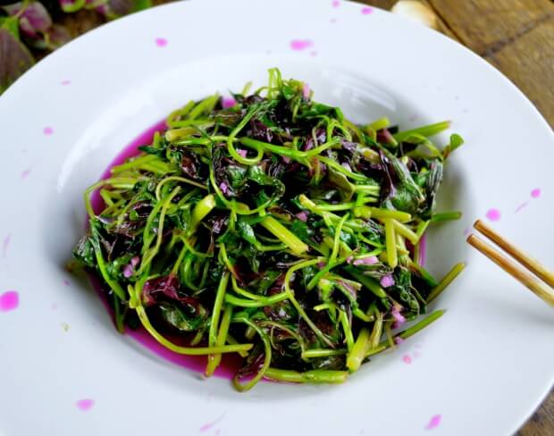 Stir-fried Pink Amaranth Greens by thewoksoflife.com
