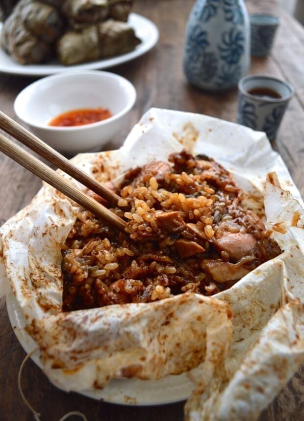 Dim Sum Sticky Rice Lotus Leaf Wraps (Lo Mai Gai), by thewoksoflife.com