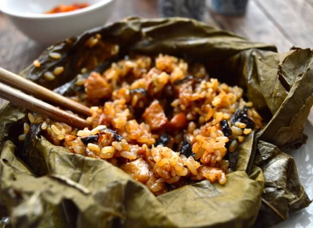 Dim Sum Sticky Rice Lotus Leaf Wraps (Lo Mai Gai), by thewoksoflife.com