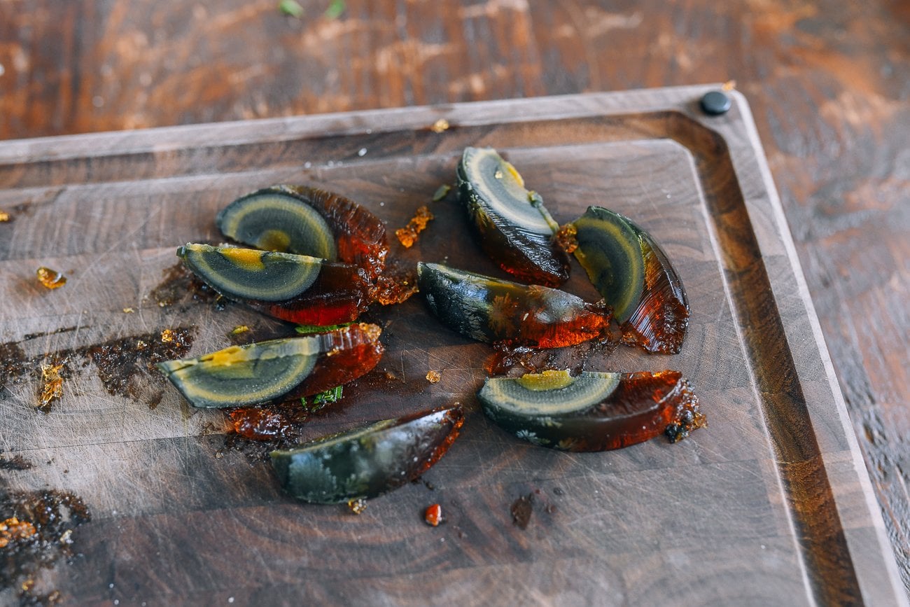 sliced wedges of century eggs