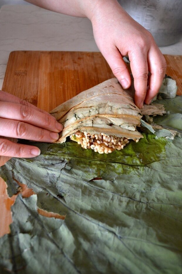 Dim Sum Sticky Rice Lotus Leaf Wraps (Lo Mai Gai), by thewoksoflife.com
