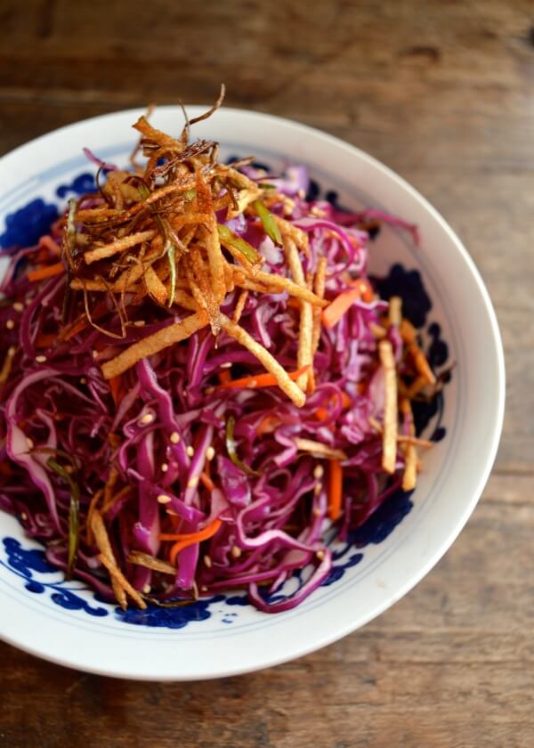 Red Cabbage Salad w/ Crispy Spring Onions and Potato Sticks