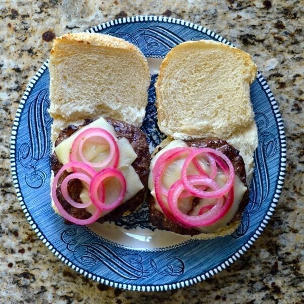 Burger with Pickled Onions by thewoksoflife.com