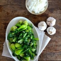 Stir-fried bok choy with bowl of rice