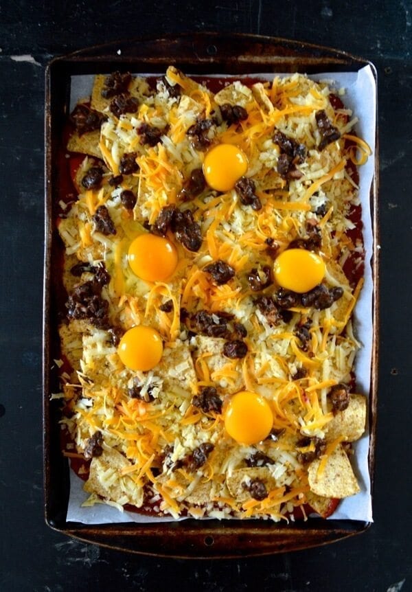 Huevos Rancheros Nachos w/ Avocado Crema, by thewoksoflife.com