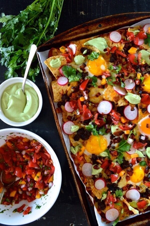 Huevos Rancheros Nachos w/ Avocado Crema, by thewoksoflife.com