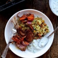 Lamb chops, rice, and yogurt sauce