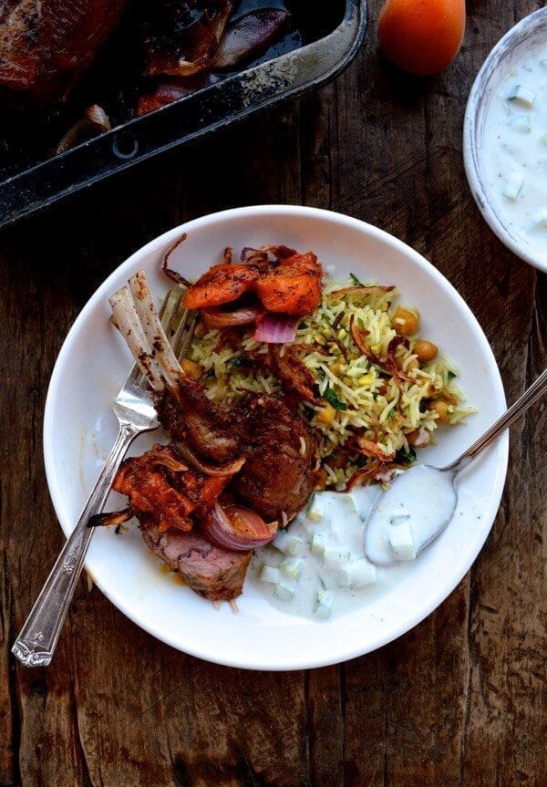 Roasted Rack of Lamb w/ Turkish Spices, Yogurt Sauce, and Rice
