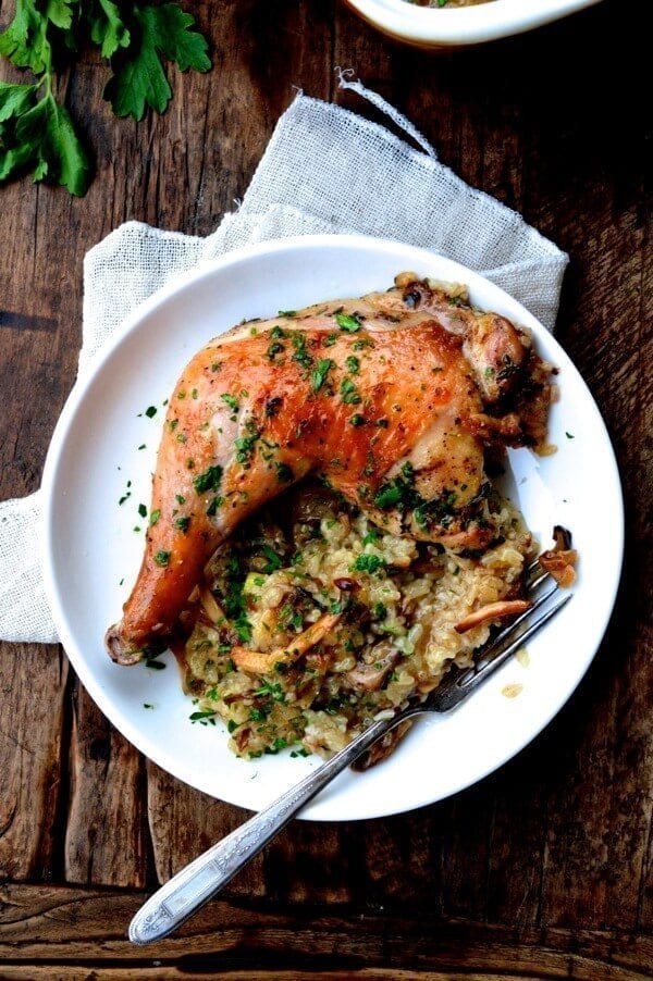 Roast Chicken on Wild Mushroom Sticky Rice "Risotto" by thewoksoflife.com