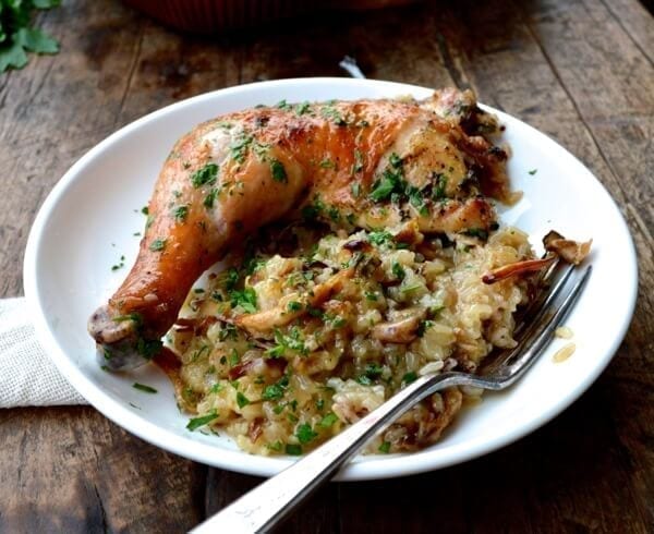Roast Chicken on Wild Mushroom Sticky Rice "Risotto" by thewoksoflife.com