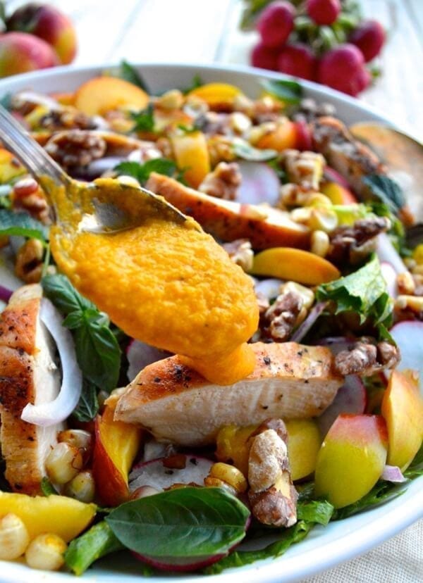 Nectarine Salad with Seared Chicken & Carrot Ginger Dressing by thewoksoflife.com