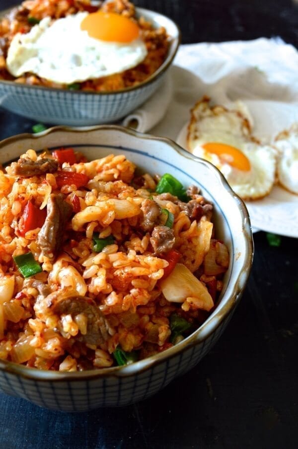 Beef and Kimchi Fried Rice - Chinese Korean Fusion, by thewoksoflife.com
