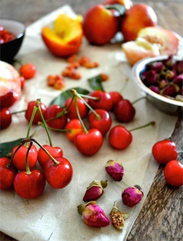 Stone Fruit Semolina Olive Oil Cake w/ Earl Grey Rose Syrup by thewoksoflife.com