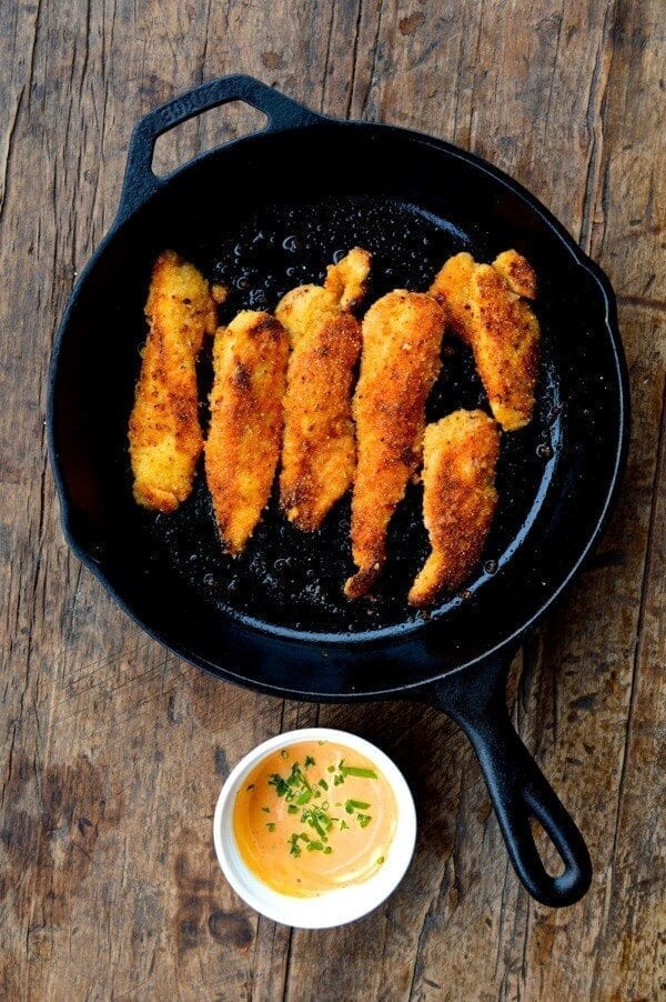 Tofu Fries or Chicken Fingers with Honey Sriracha Mayo by thewoksoflife.com