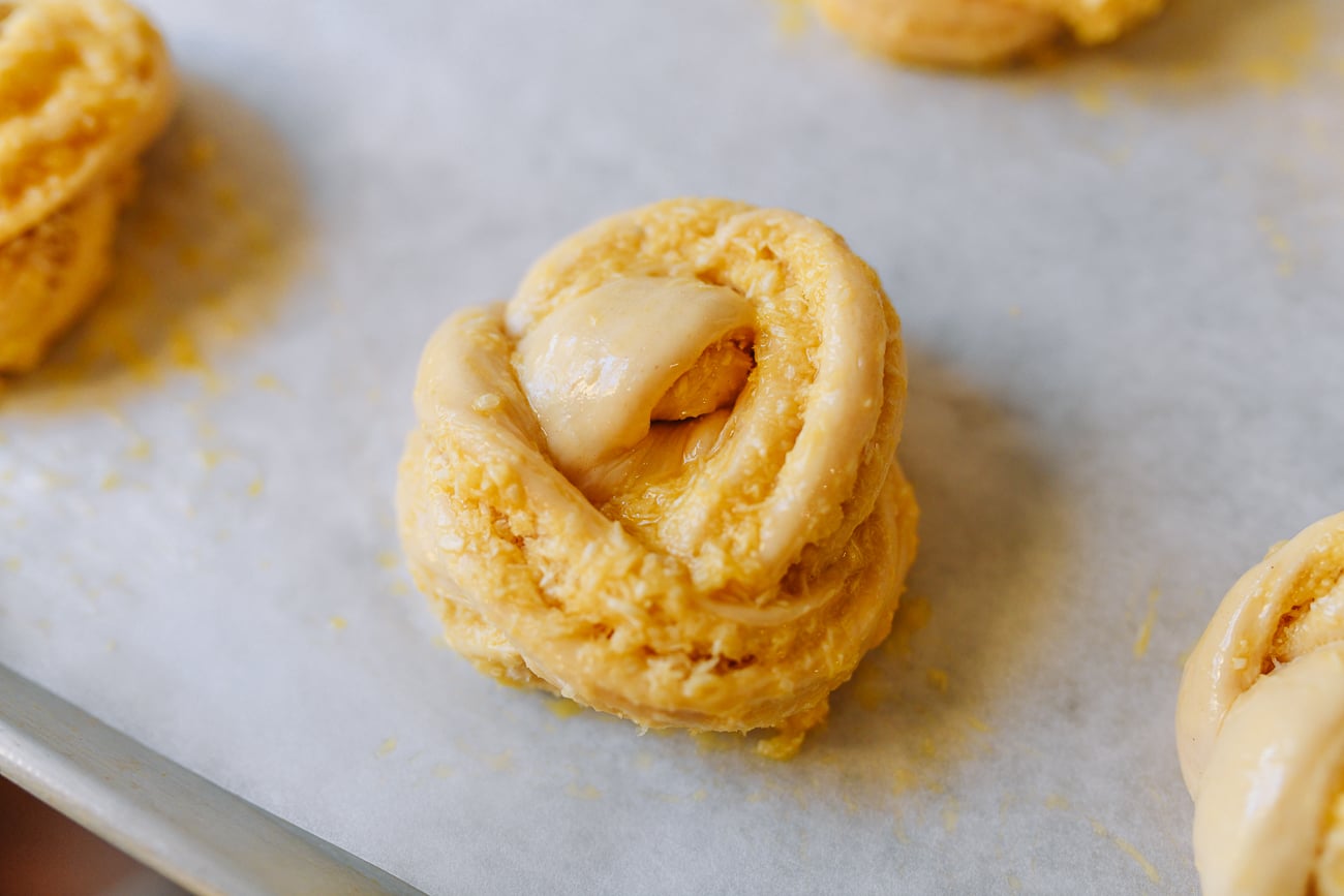 Buns brushed with beaten egg