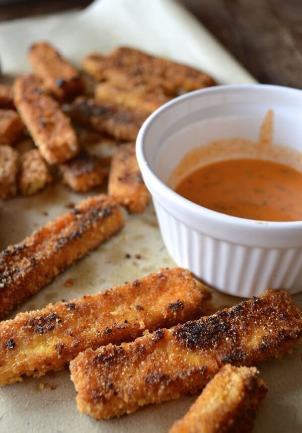 Tofu Fries or Chicken Fingers with Honey Sriracha Mayo by thewoksoflife.com