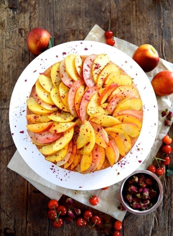 Stone Fruit Semolina Olive Oil Cake w/ Earl Grey Rose Syrup by thewoksoflife.com