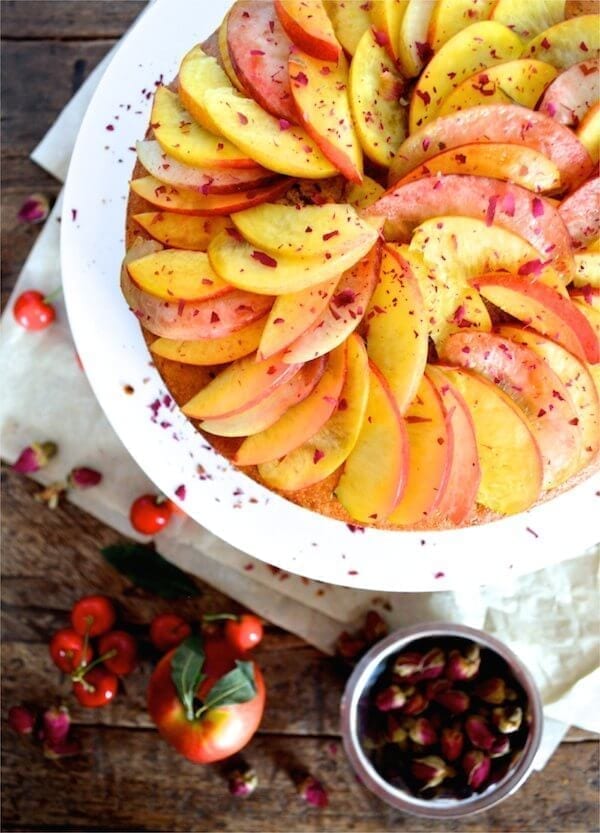 Stone Fruit Semolina Olive Oil Cake w/ Earl Grey Rose Syrup by thewoksoflife.com