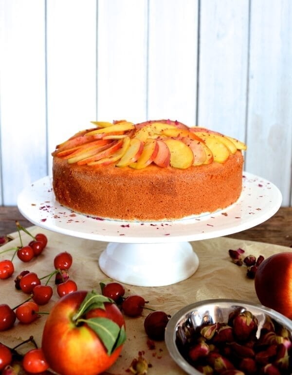 Stone Fruit Semolina Olive Oil Cake w/ Earl Grey Rose Syrup by thewoksoflife.com