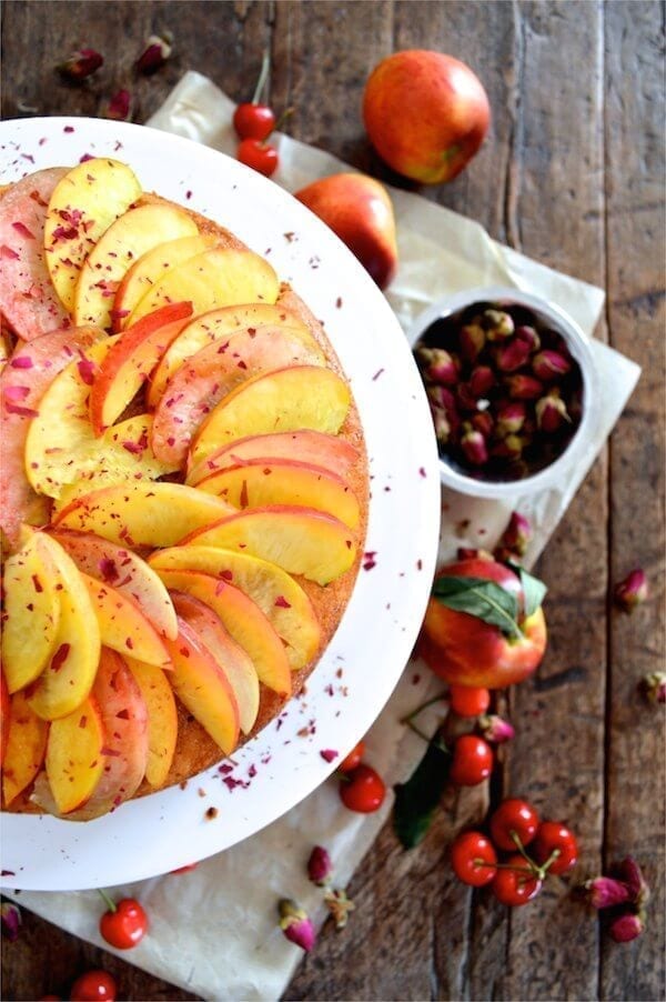 Stone Fruit Semolina Olive Oil Cake w/ Earl Grey Rose Syrup by thewoksoflife.com