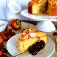 Stone Fruit Semolina Olive Oil Cake w/ Earl Grey Rose Syrup by thewoksoflife.com