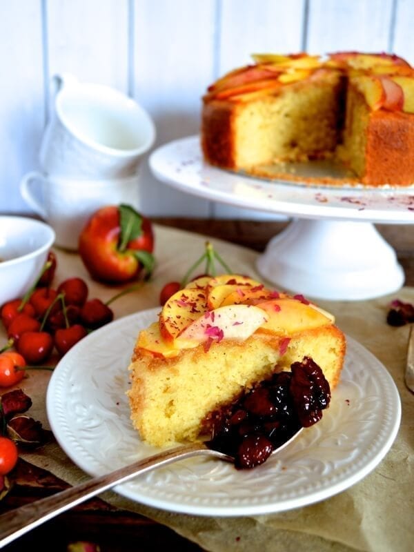 Stone Fruit Semolina Olive Oil Cake w/ Earl Grey Rose Syrup by thewoksoflife.com