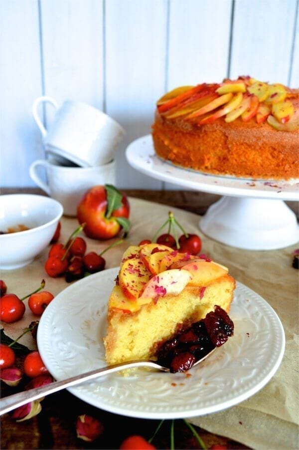 Stone Fruit Semolina Olive Oil Cake w/ Earl Grey Rose Syrup by thewoksoflife.com
