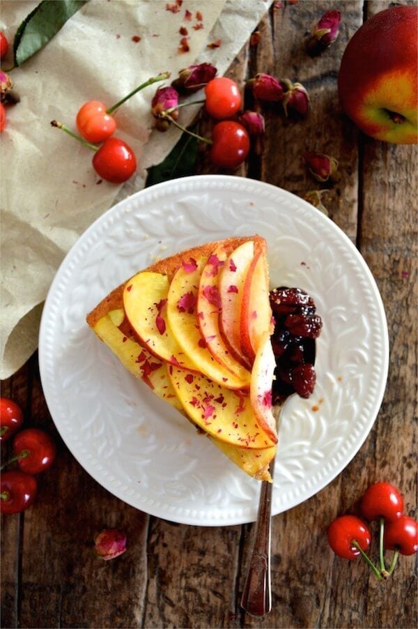Stone Fruit Semolina Olive Oil Cake w/ Earl Grey Rose Syrup by thewoksoflife.com