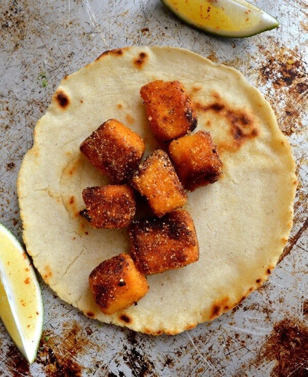 Crispy tofu on tortilla by thewoksoflife.com