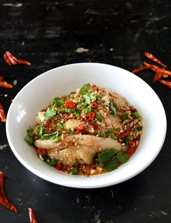 Drool-worthy Chicken in Chili Oil Sauce (Kou Shui Ji), by thewoksoflife.com