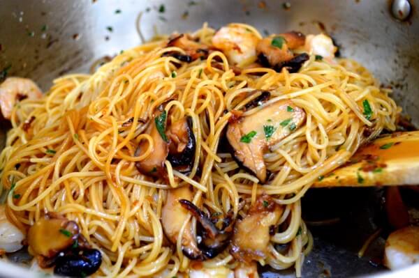 Soy Sauce Butter Pasta with Shrimp and Shiitakes by thewoksoflife.com