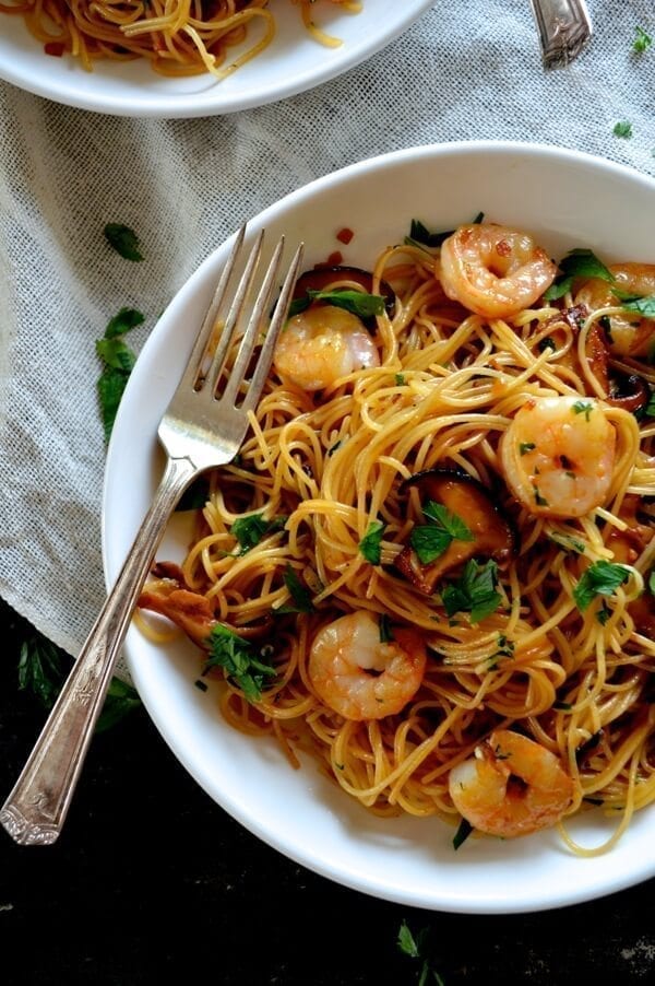 Soy Sauce Butter Pasta with Shrimp and Shiitakes by thewoksoflife.com