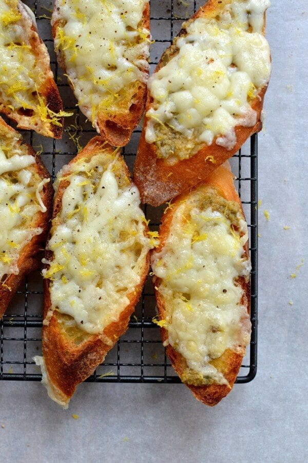 Lemon Manchego Toasts with Green Olive Tapenade