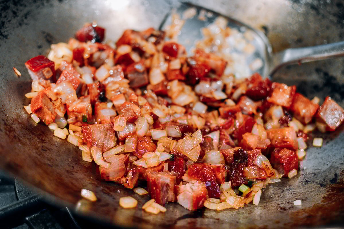 pork fried rice and onion sauteed together
