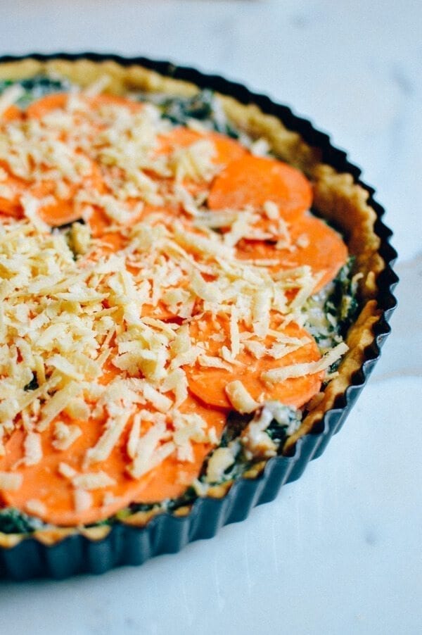 Cheesy Kale Sweet Potato Tart, by thewoksoflife.com