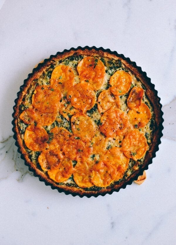 Cheesy Kale Sweet Potato Tart, by thewoksoflife.com