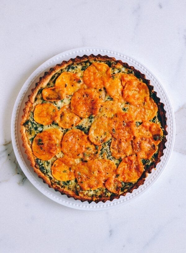 Cheesy Kale Sweet Potato Tart, by thewoksoflife.com