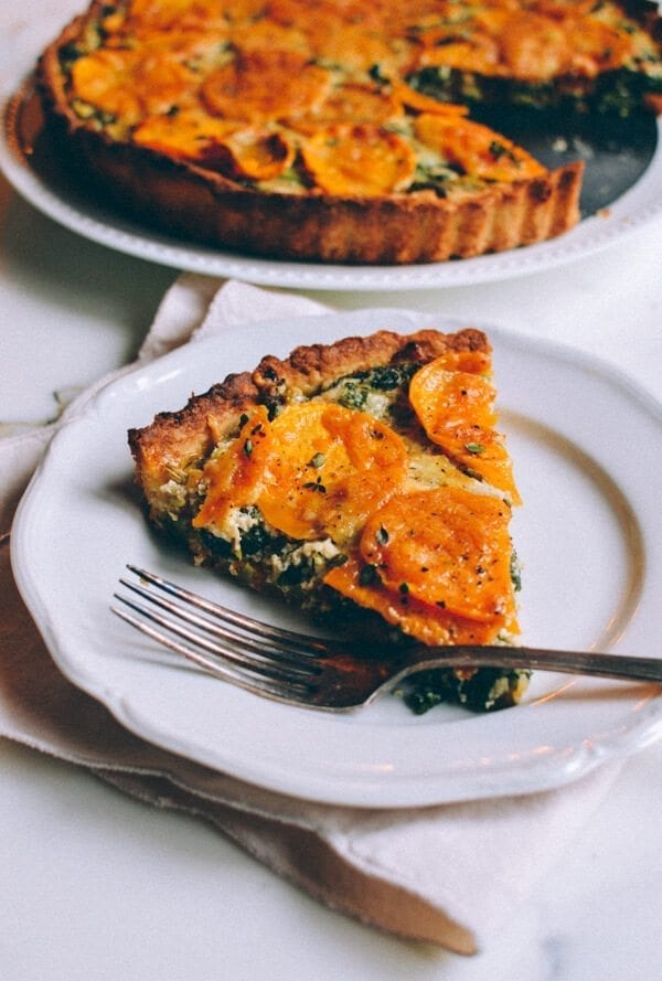 Cheesy Kale Sweet Potato Tart, by thewoksoflife.com