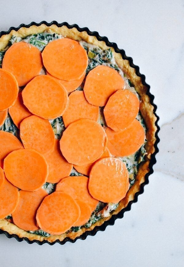 Cheesy Kale Sweet Potato Tart, by thewoksoflife.com