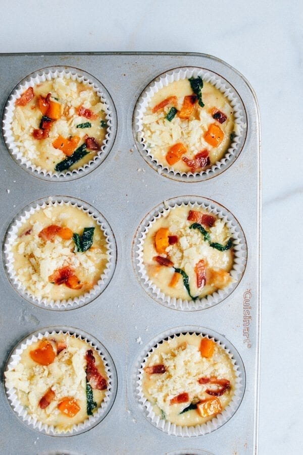 Savory Corn Muffins w/ Sage, Butternut Squash, Bacon, and Cheese, by thewoksoflife.com