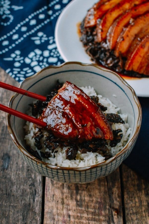 Chinese Pork Belly Recipe - Mei Cai Kou Rou (Steamed Pork Belly w/ Preserved Mustard Greens), by thewoksoflife.com