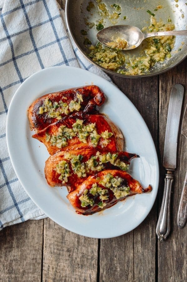 Soy Glazed Chicken Breast with Scallion Ginger Oil, by thewoksoflife.com
