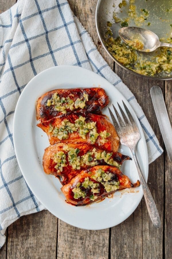 Soy Glazed Chicken Breast with Scallion Ginger Oil, by thewoksoflife.com